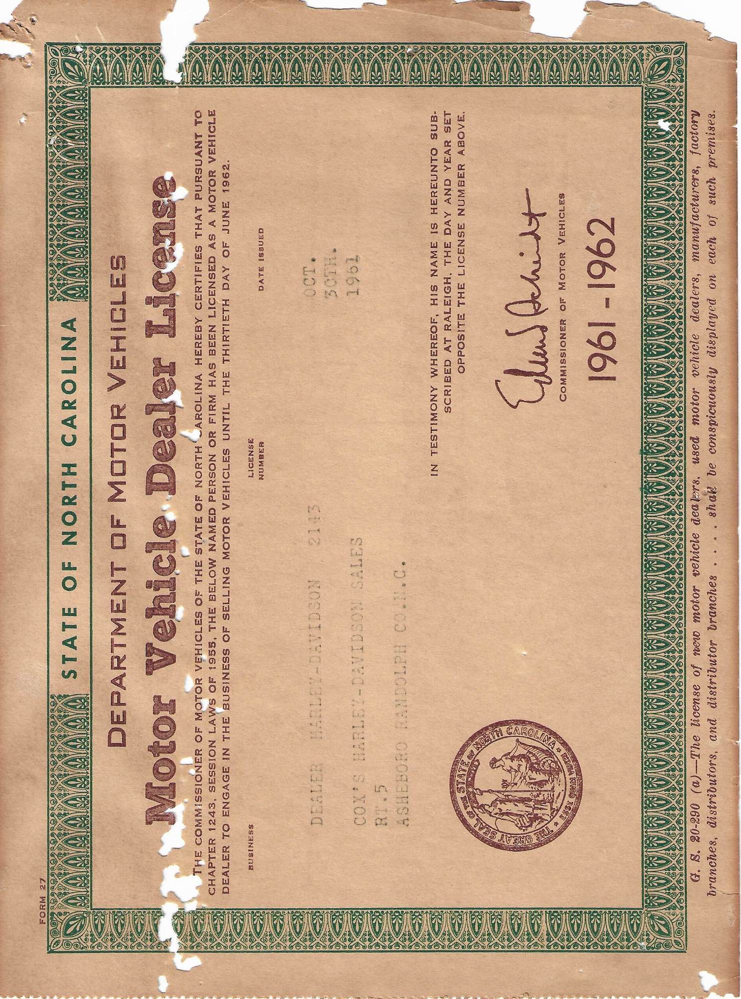 Motor Vehicle Dealer License #2